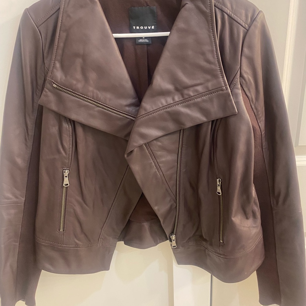 Trouve Brown Leather Jacket Asymmetrical Design